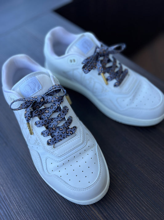 Classic Leopard 1cm – Leopard Print Shoelaces in Blue/Grey Shades with Gold Tips (Sample Edition)