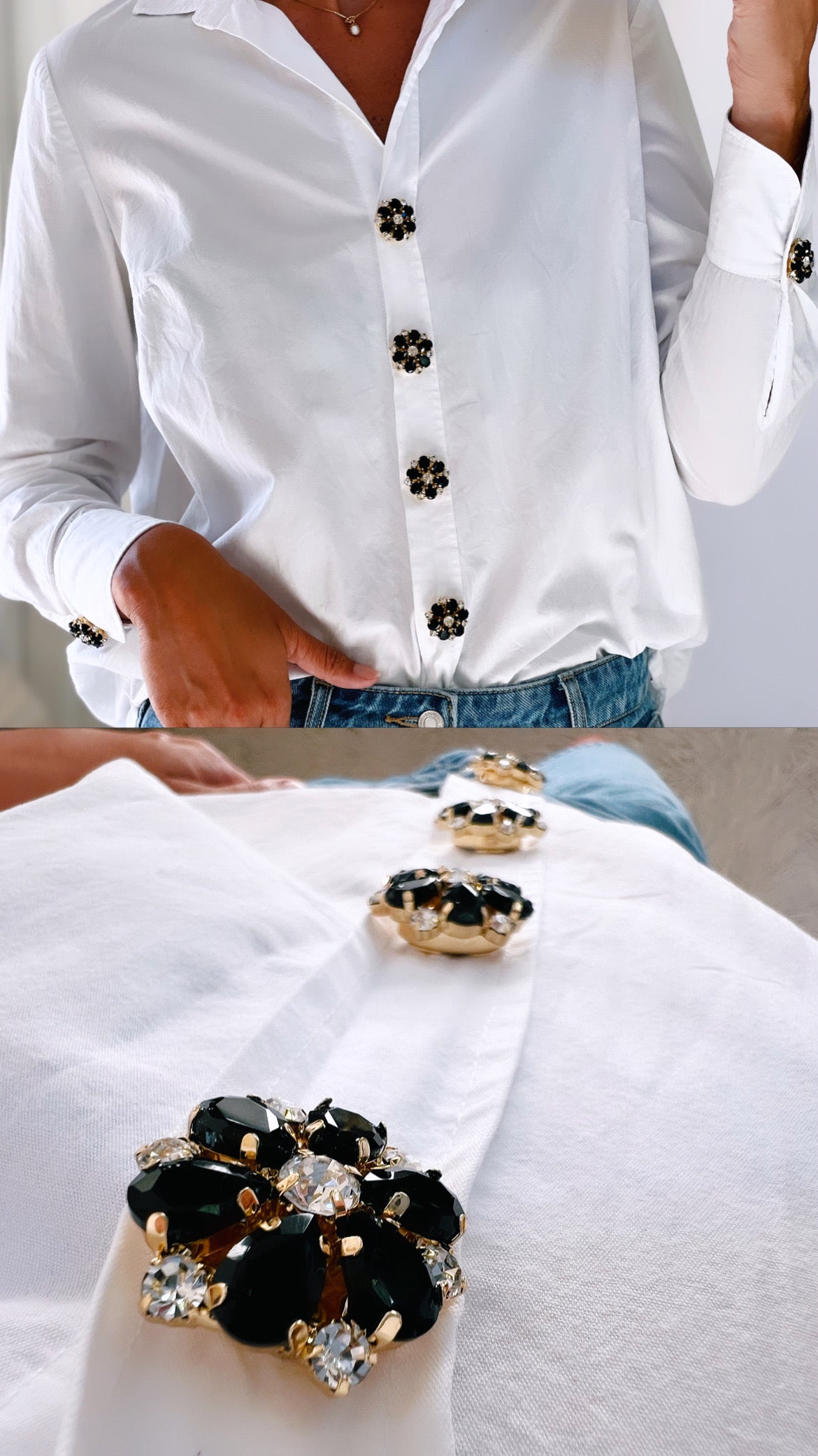 Button cover in black and white crystals close up and on shirt