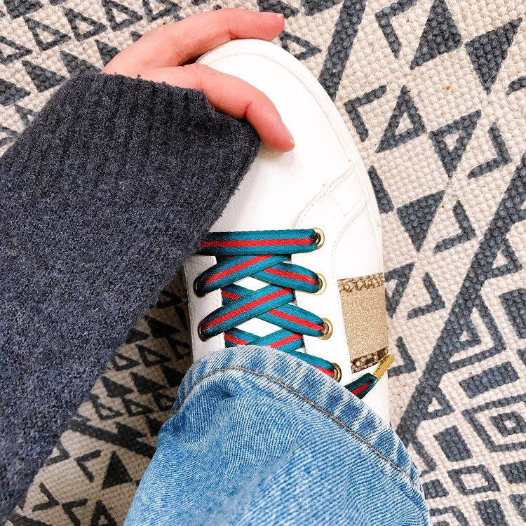 Striped green and red shoelaces gold aglets - The Shoelace Brand