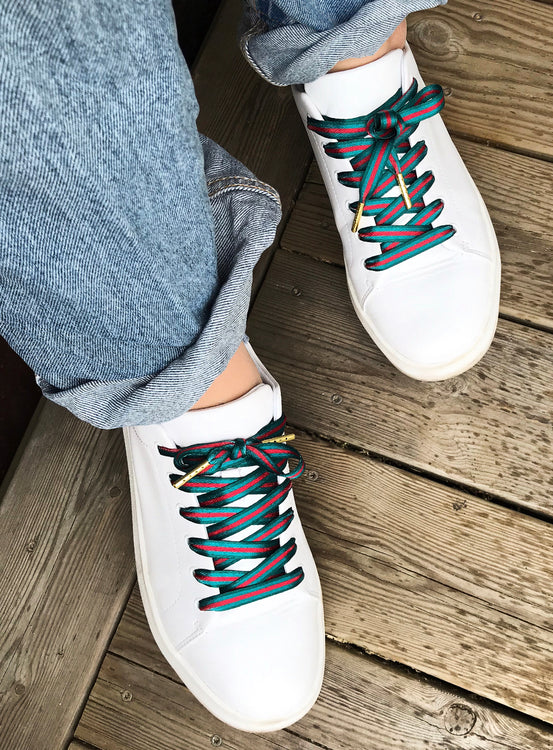 Striped green and red shoelaces gold aglets - The Shoelace Brand