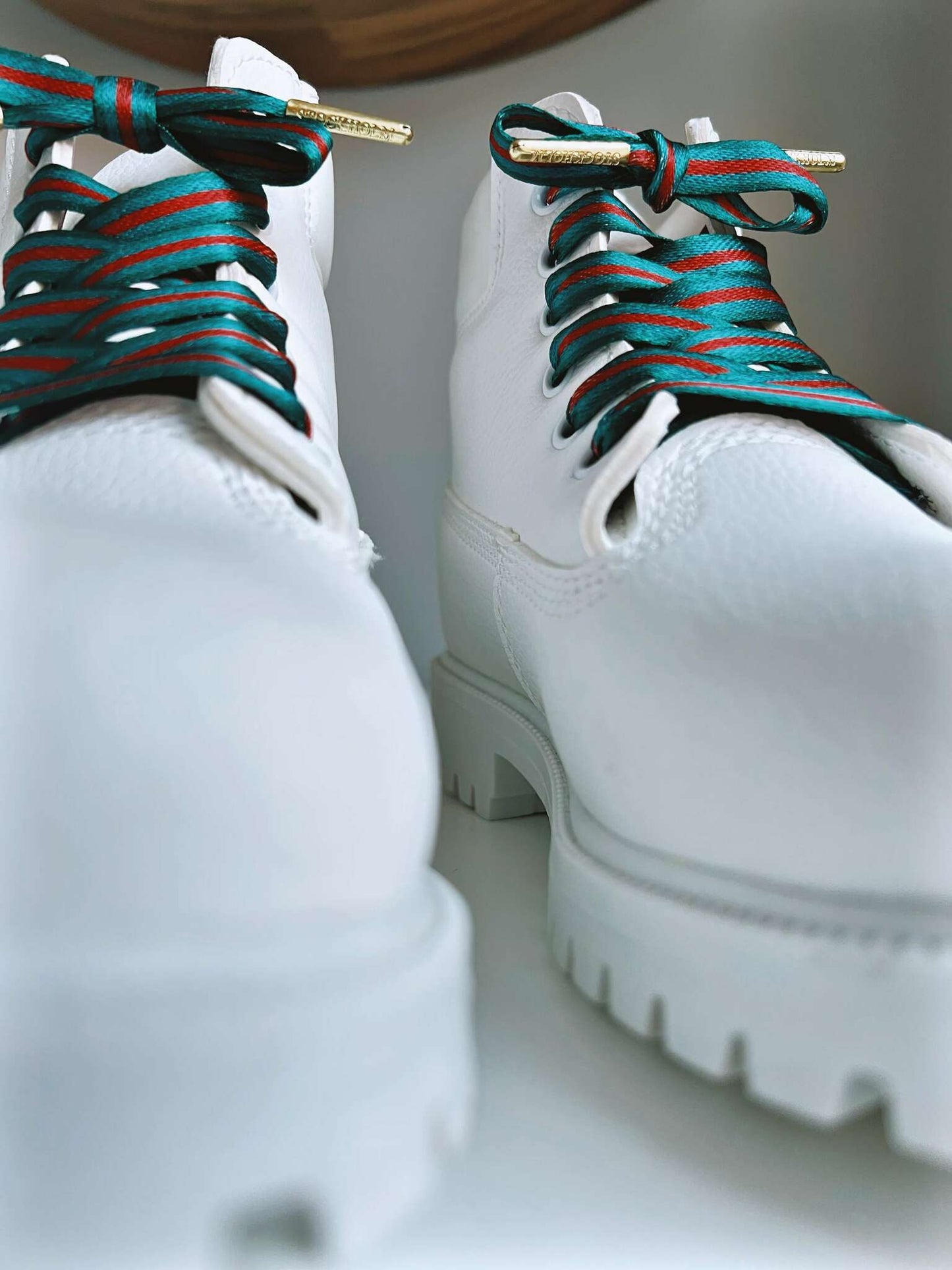 Striped green and red shoelaces gold aglets - The Shoelace Brand