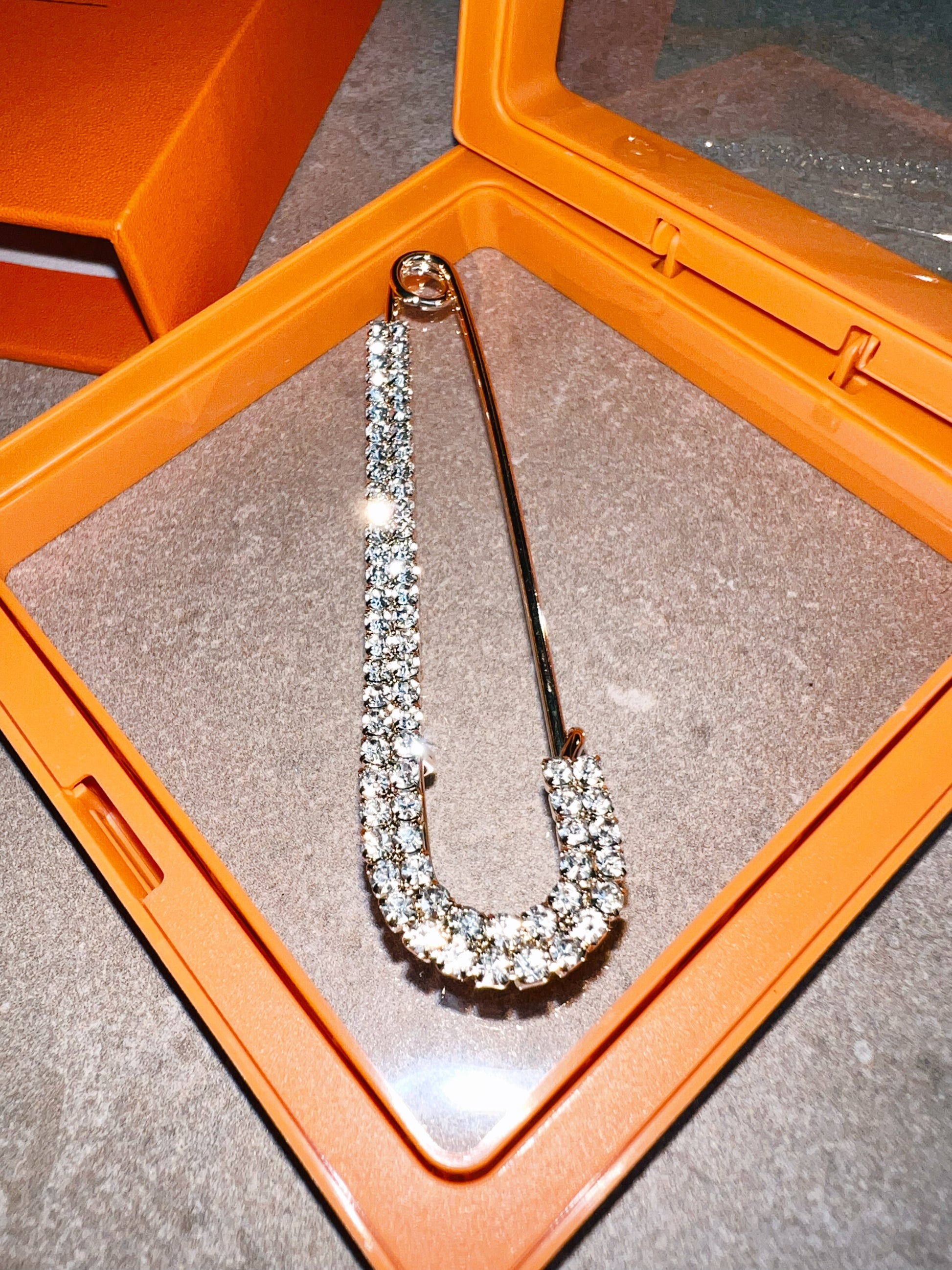 Crystal Fashion Safety Pin Gold The Shoelace Brand close up in box