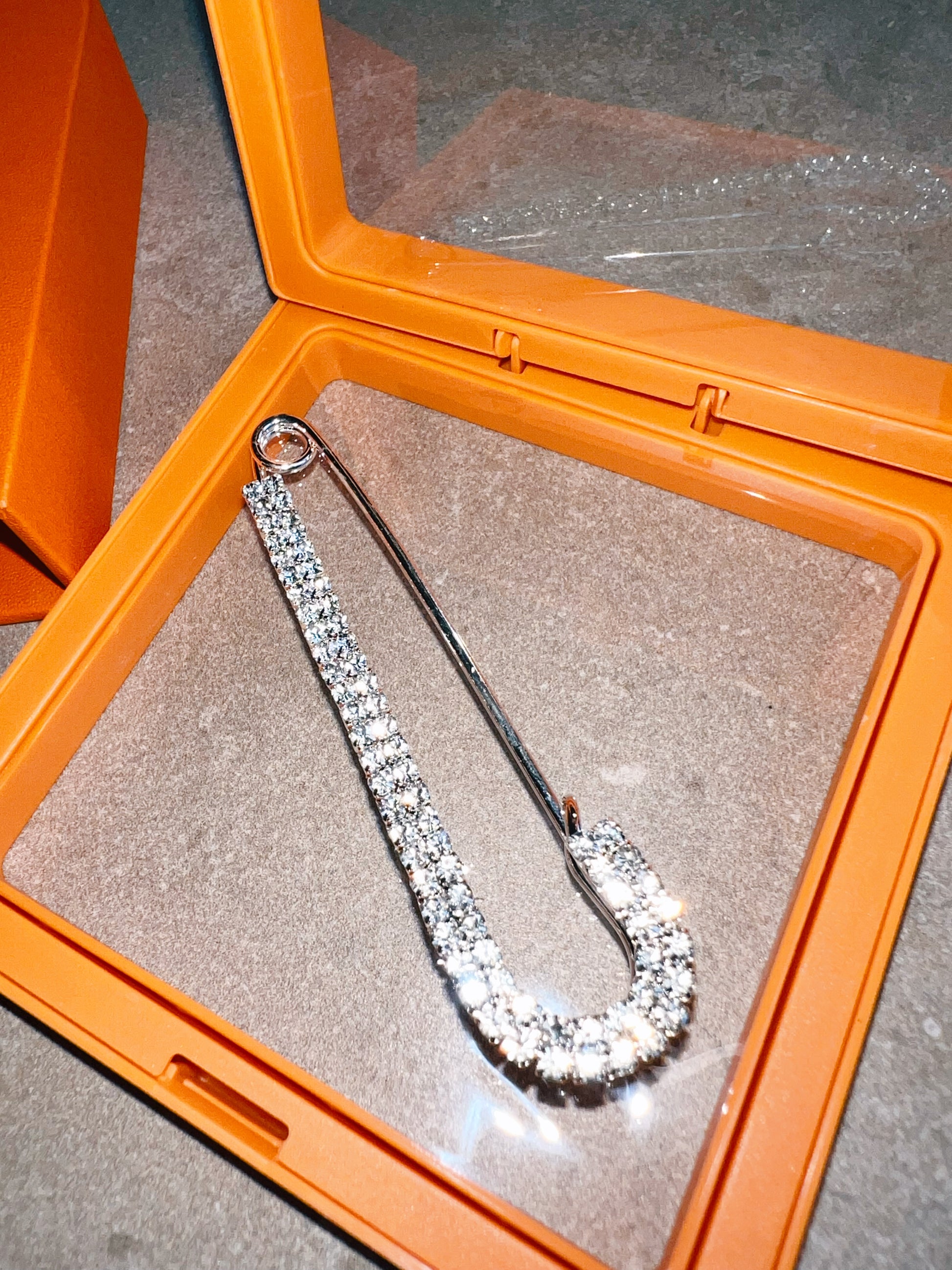 Crystal Fashion Safety Pin Silver The Shoelace Brand close up in box