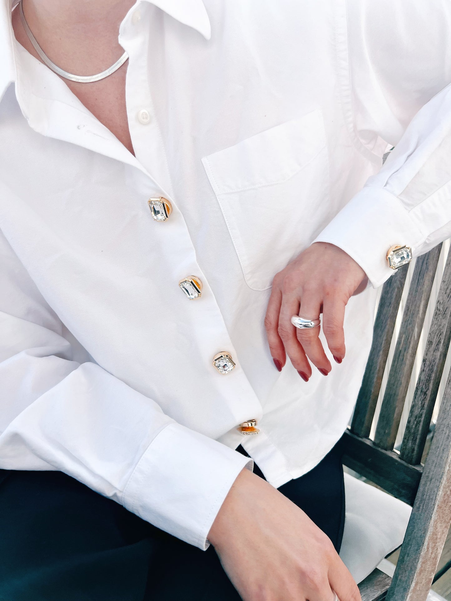 Emma – White Crystal Rectangle Button Charm Gold