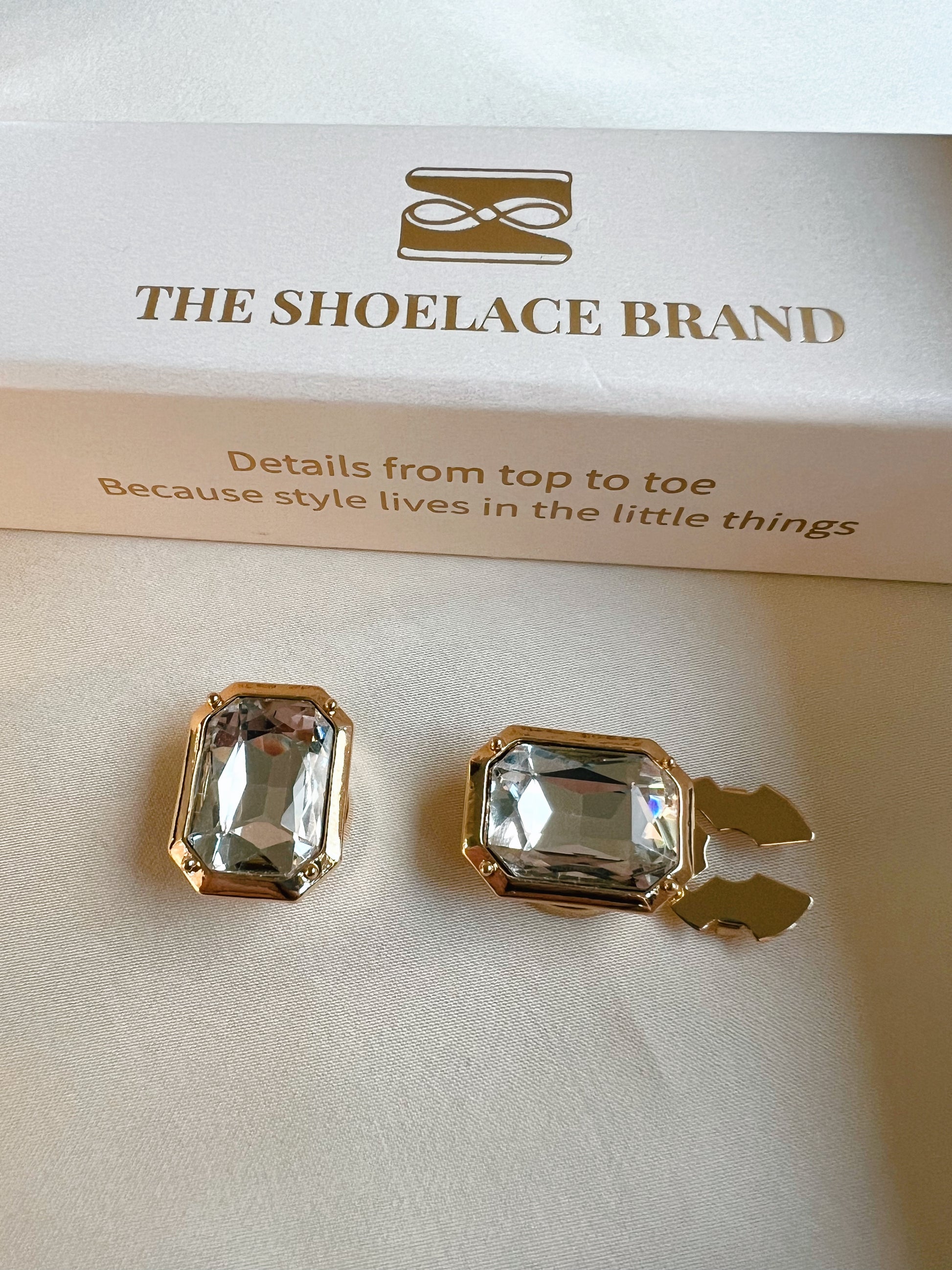 Emma – White Crystal Rectangle Button Charm Gold The Shoelace Brand