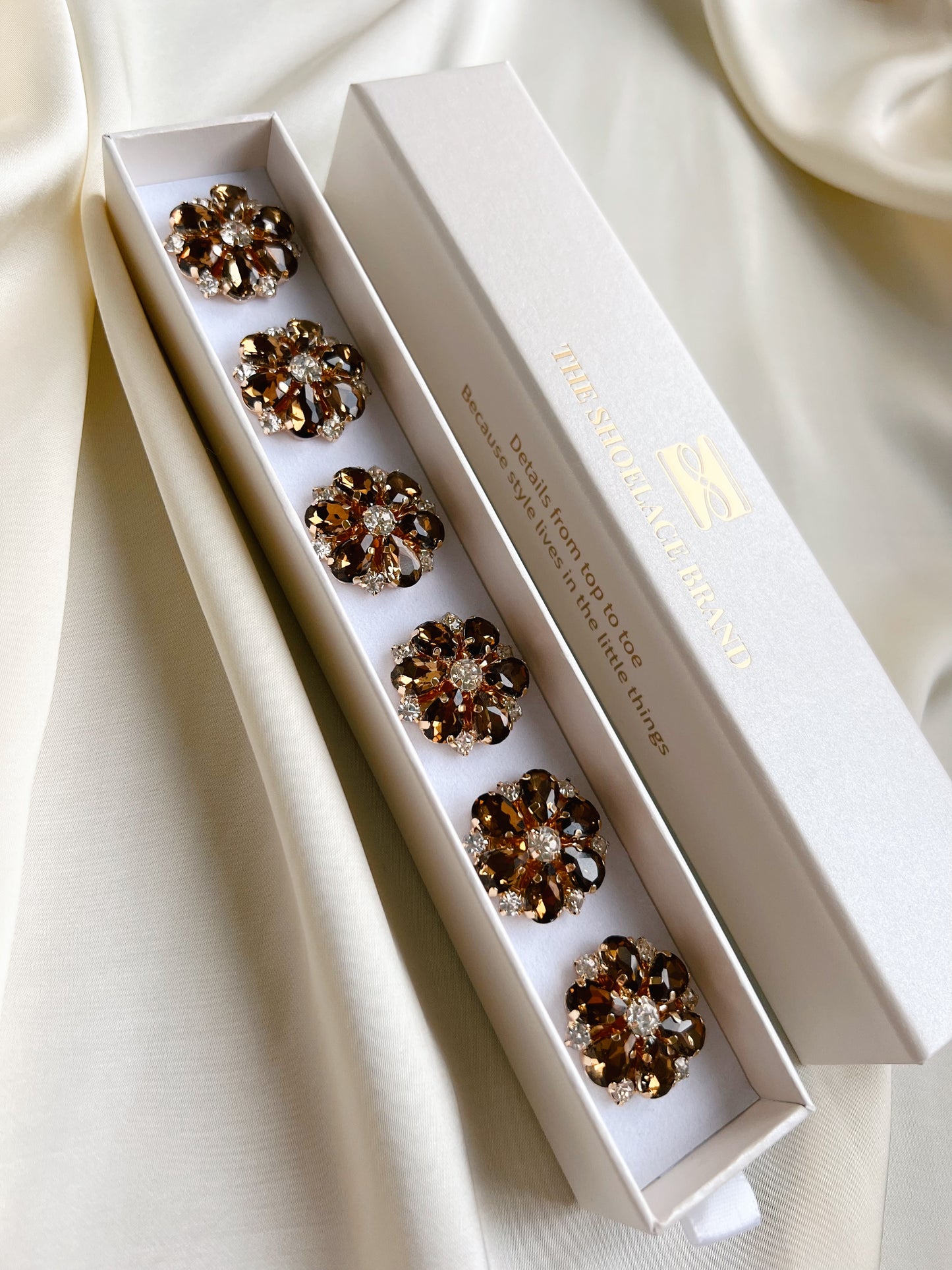 Erika – Brown Crystal Flower Button Charm Gold