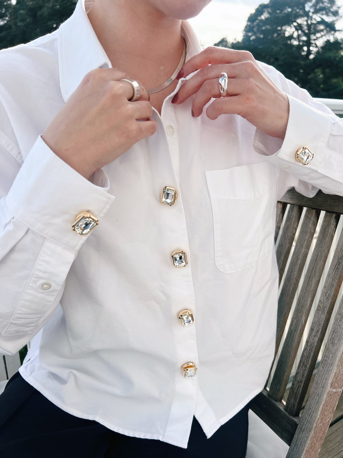 Emma – White Crystal Rectangle Button Charm Gold