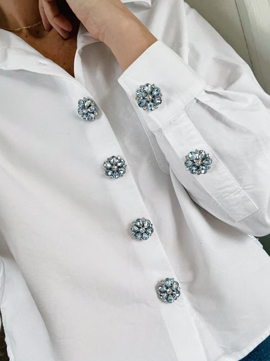 Hollie – Light Blue & White Flower Button Charm Silver