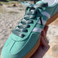 Petrol Green 1cm – Mörkgröna Mönstrade Skosnören med Svarta Metalldetaljer (Sample)