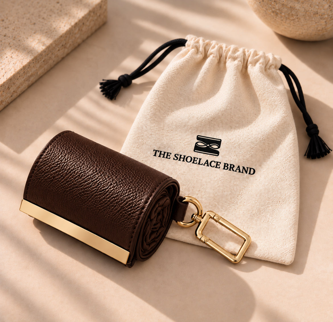 Key Chain Bag Brown The Shoelace Brand gold with dustbag