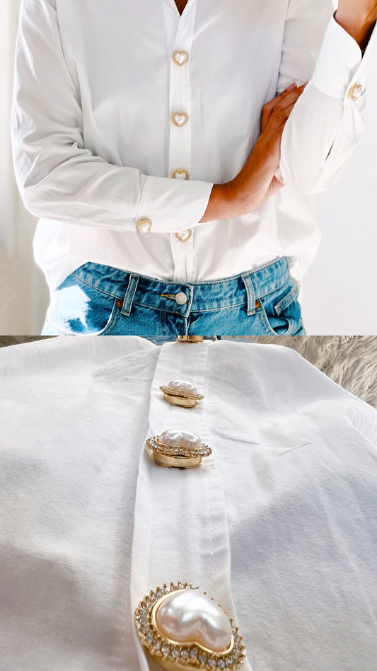 Kickan Button Charms from The Shoelace Brand, close up and dressed  white shirt