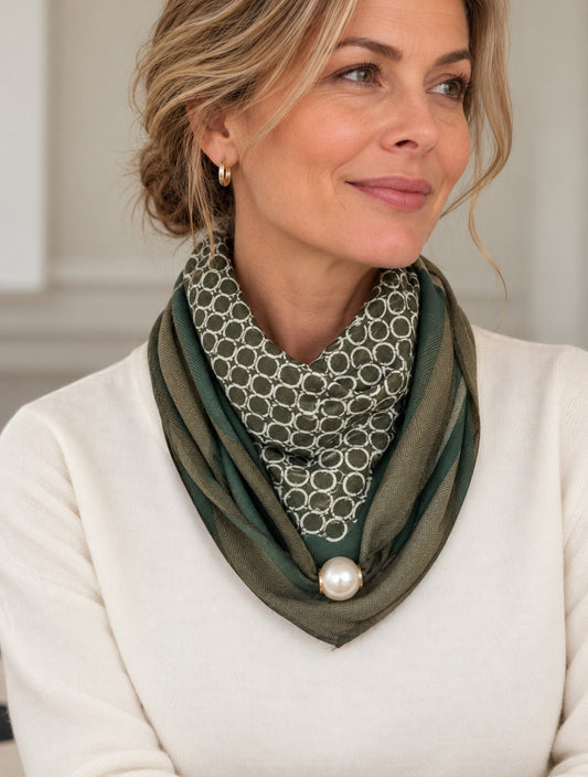 Magnetic Scarf Large Green Geometric The Shoelace Brand on model