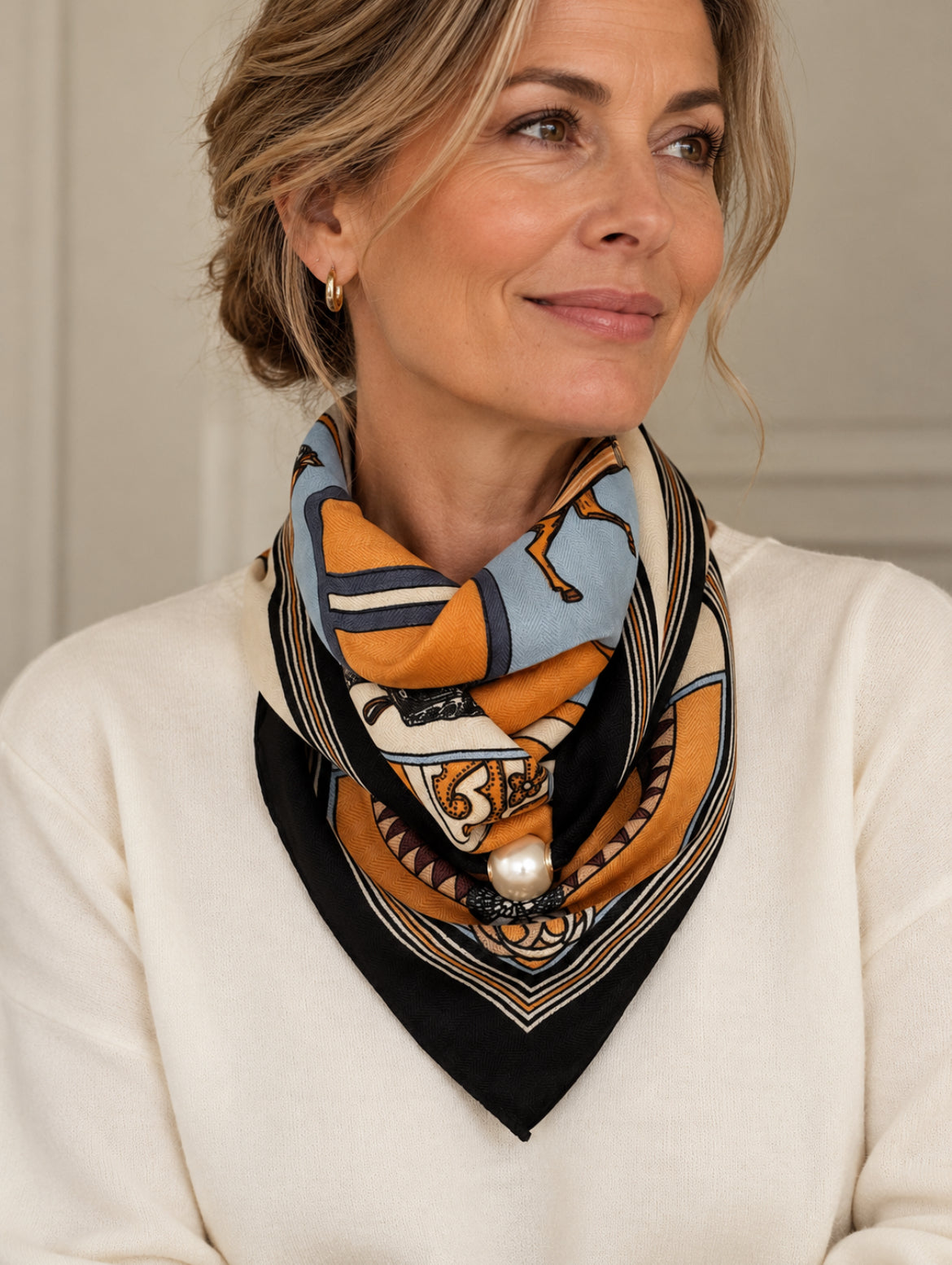 Magnetic Scarf Large Horse Print The Shoelace Brand on model