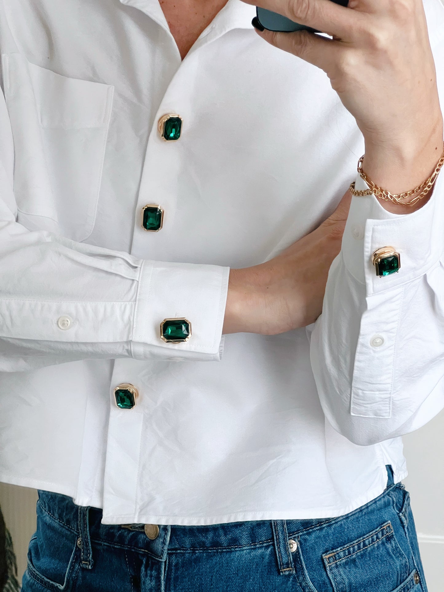 Nea – Emerald Green Crystal Rectangle Button Charm Gold