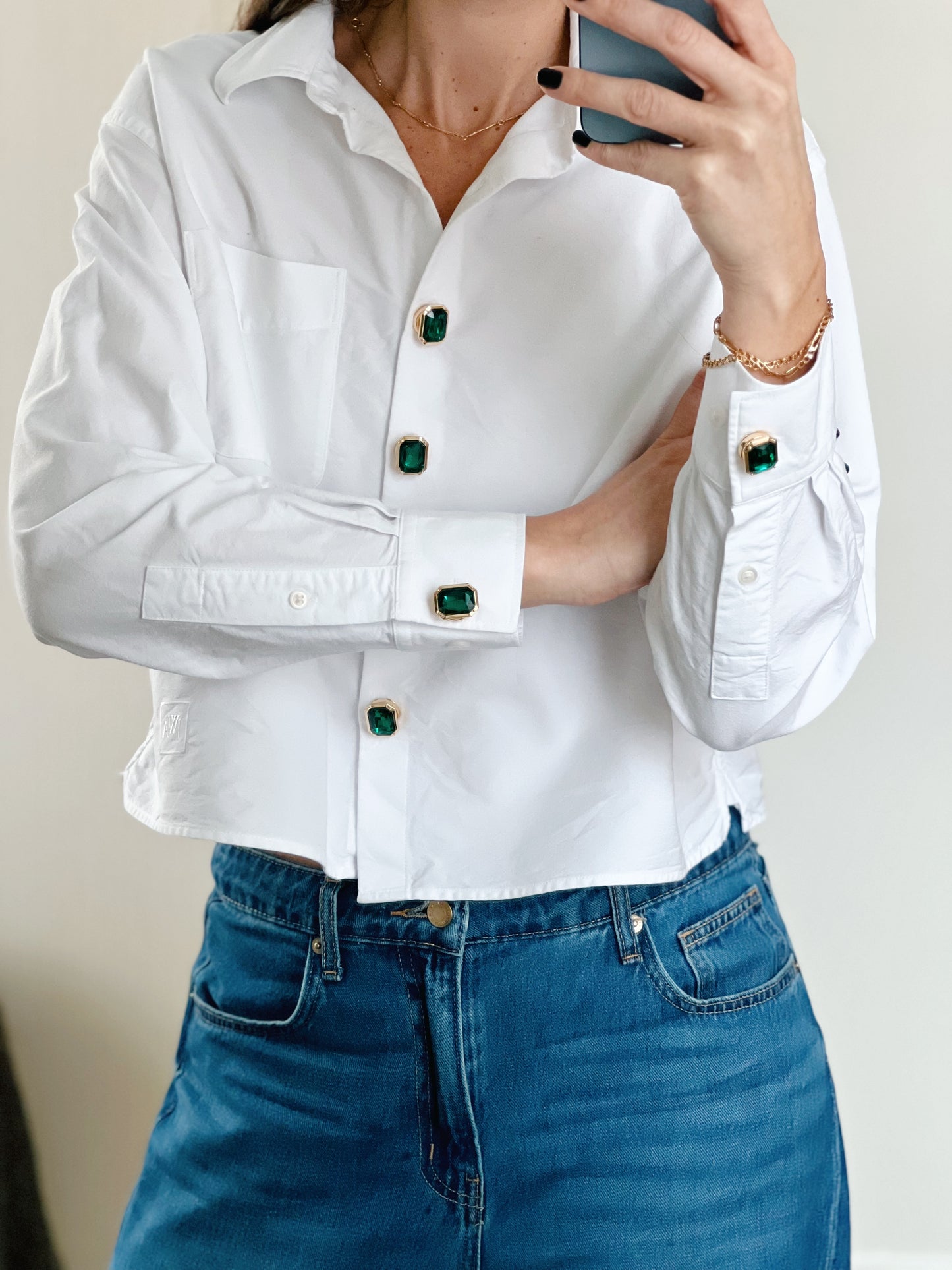 Nea – Emerald Green Crystal Rectangle Button Charm Gold