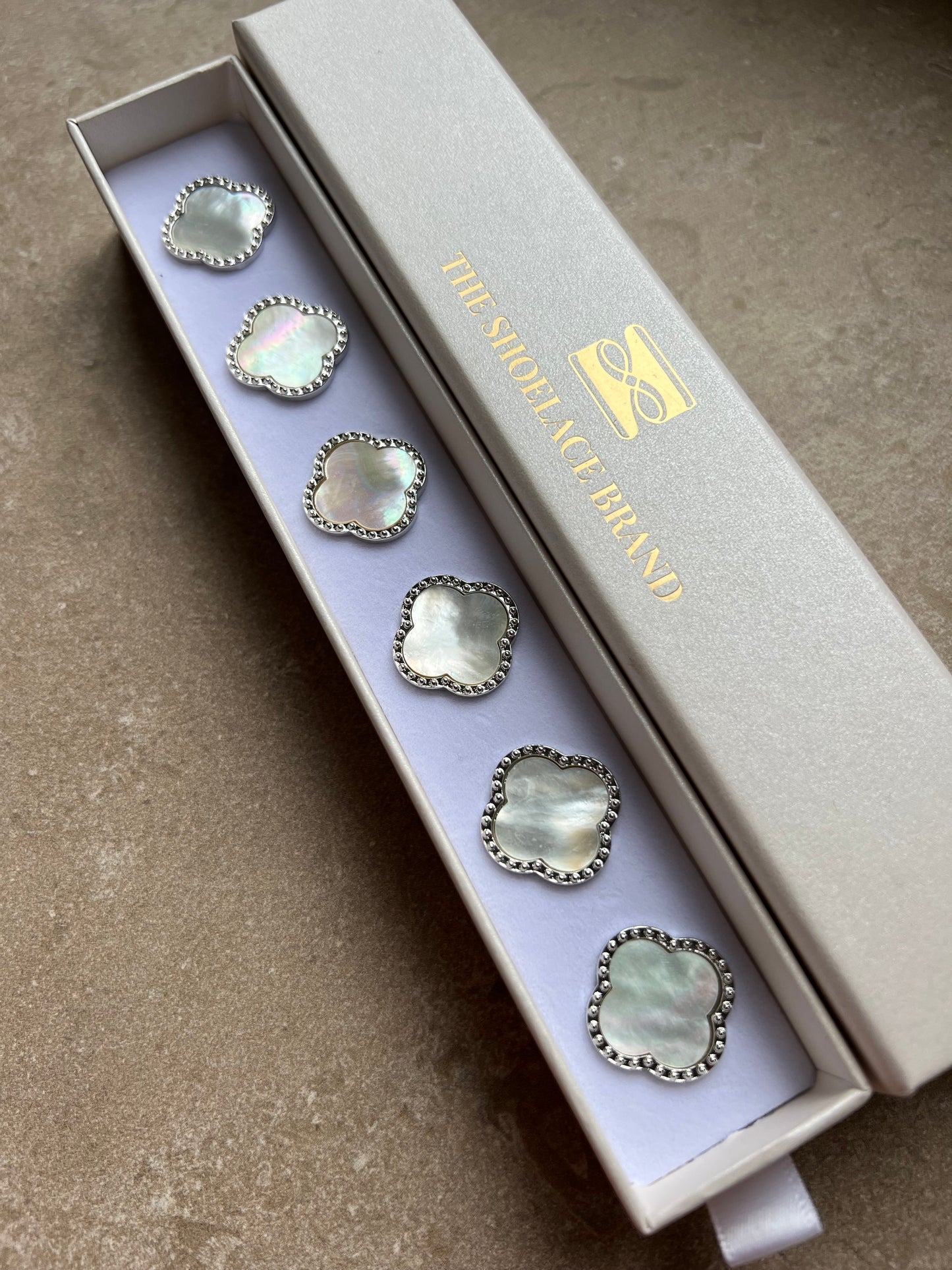 Cecilia Pearl Shell Button Charm Silver The Shoelace Brand
